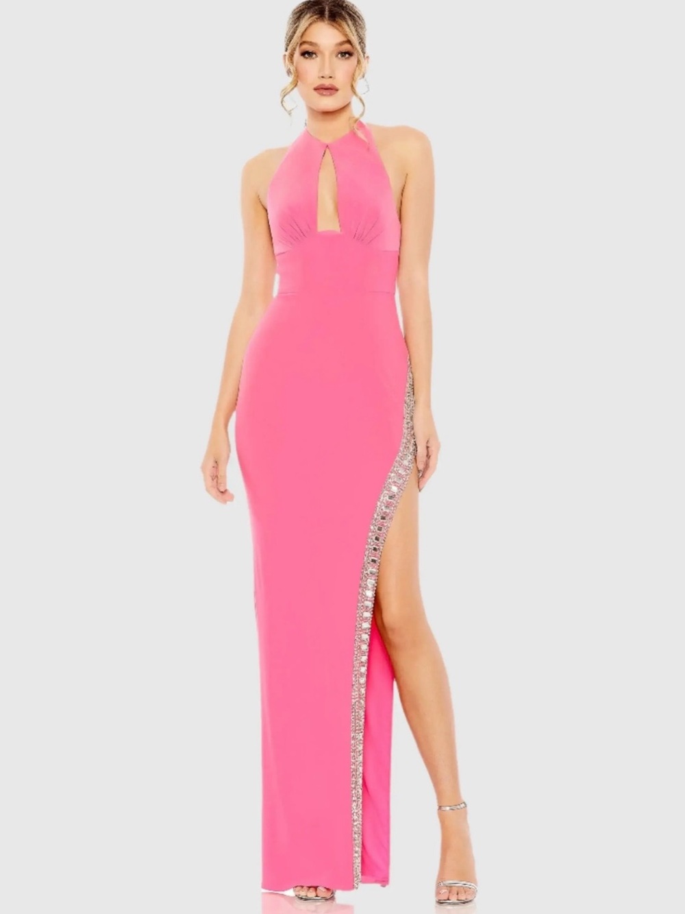 Mac Duggal Neon Pink Backless Halter Gown with Crystal Side Slit Gown 2